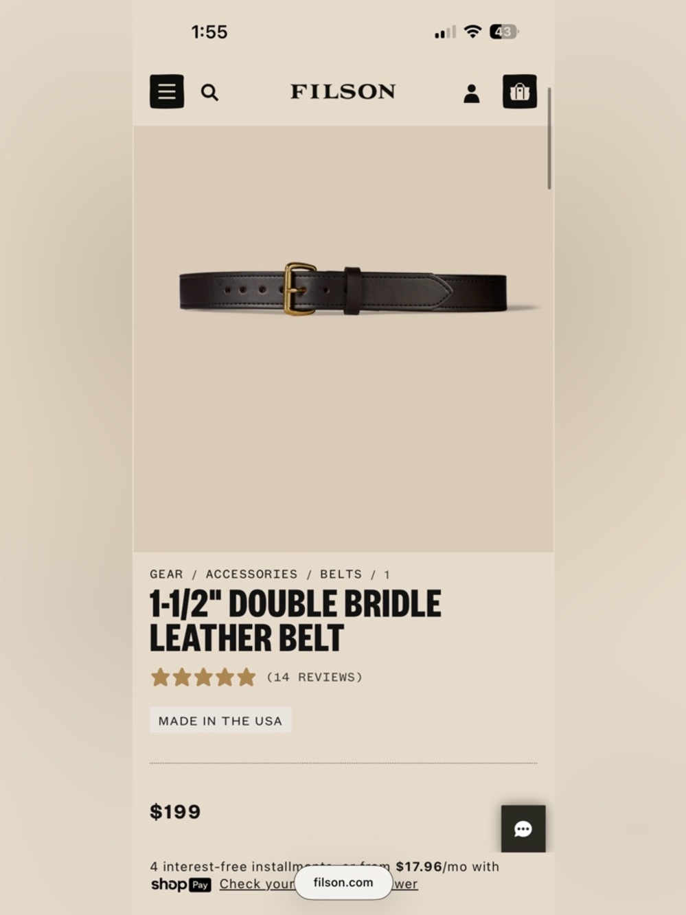 Filson Brown Genuine Bridle Leather Belt with Gold Stamping - Picture 6 of 6